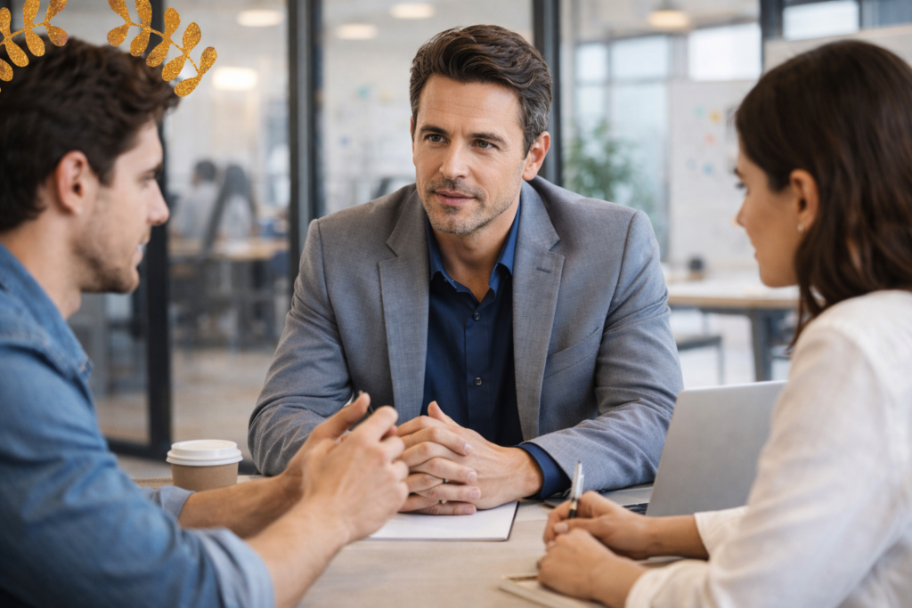 Drei Personen im Beratungsgespräch in einem modernen Büro